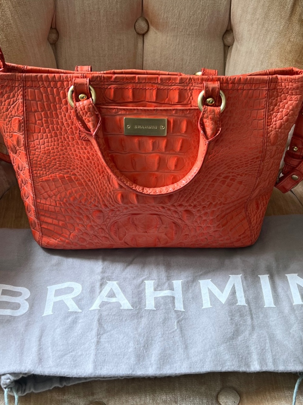 Orange Brahmin Leather Satchel Croc Embossed + Dust Bag